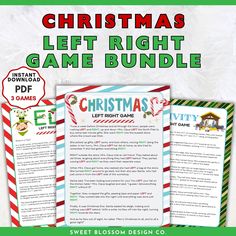 the christmas left right game bundle is shown in green and red with an image of santa's sleigh