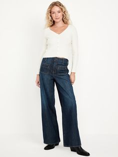 High-Waisted Baggy Wide-Leg Trouser Jeans | Old Navy High Waisted Wide Leg Jeans Outfit, Trousers Outfit Work, Jean Trousers Outfit, Womens Trouser Jeans, Wide Leg Jeans Outfit, Wide Legged Jeans, High Waisted Wide Leg Jeans, Jeans Outfit Winter, Clothes For Women Over 50