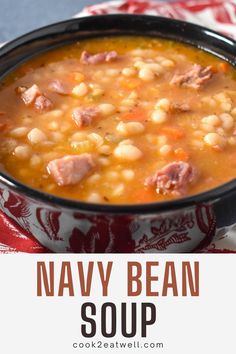 a bowl of soup with ham and beans in it