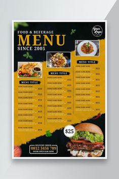 a restaurant menu with an image of food and beverage items on it, in the middle of