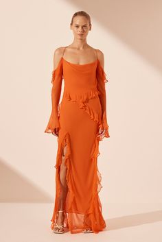 LAYLA LONG SLEEVE RUFFLE MAXI DRESS | FLAME ORANGE | DRESSES | SHONA JOY Long Sleeve Orange Dress, Wedding Guest Dress With Sleeves, Long Orange Dress, Orange Party Dress, Orange Long Dress, Orange Party Dresses, Long Sleeve Ruffle Dress, Orange Party, Orange Dresses