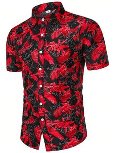 Multicolor Boho Collar Short Sleeve Fabric Tropical,All Over Print Shirt Embellished Non-Stretch  Men Clothing Red Tops With Casual Collar For Summer, Casual Multicolor Slim Fit Shirt, Black Hawaiian Shirt For Spring, Casual Multicolor Slim Fit Tops, Red Slim Fit Collared Top, Black Casual Collar Top For Vacation, Red Slim Fit Casual Top, Multicolor Slim Fit Shirt For Summer, Casual Stretch Summer Shirt