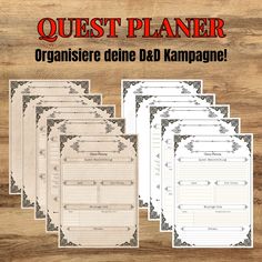 a bunch of papers that are on top of a wooden table with the words quest planner written