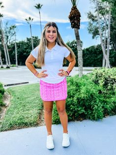 The Marlee Skort is a classic style mixed with everyday fun. This golf and tennis skort will take the win in your next game. The effortless elastic pull-on color block waistband adds style and function. All great golf skorts and tennis skorts need pockets, and this one has plenty. Coordinating attached mesh shorts with side pockets are perfect for windy days & cartwheels. Our stretch-woven fabric was designed for comfort and movement, complete with 40+UPF sun protection and moisture wicking prop Sporty Pink Tennis Bottoms, Pink Sporty Tennis Skort, Sporty Pink Tennis Skort, Pink Casual Tennis Skort, Sporty Pink Tennis Skirt, Casual Pink Tennis Skirt For Sports, Casual Golf Skort For Summer, Sporty Golf Bottoms For Spring, Casual Summer Golf Skort