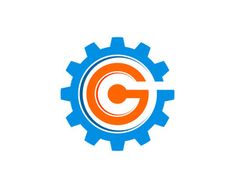 an orange and blue gear logo with the letter c on it's center wheel