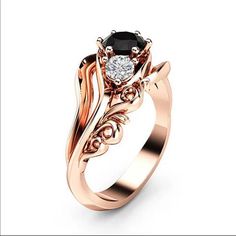 Simulated Sapphire Rose Gold Plated Stamped 925 Engagement Finger, Witch Rings, Black And Rose Gold, Rings Black, Black Diamond Engagement, Black Diamond Ring Engagement, Twisted Band, Rose Engagement Ring, Zircon Ring