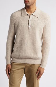 A blend of baby alpaca and wool provides ultrasoft comfort in a textured long-sleeve polo-sweater that's rendered in a season-spanning neutral hue. Button half placket Point collar Long sleeves Ribbed cuffs and hem 48% alpaca, 21% wool, 28% polyamide, 3% elastane Dry clean Imported Polo Sweater, Fabric Gift Bags, Baby Alpaca, Nordstrom Store, Alpaca Wool, Fabric Gifts, Long Sleeve Polo, Free Fabric, Print Gifts