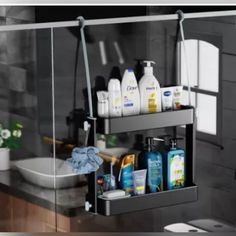 a bathroom sink with two shelves holding toiletries