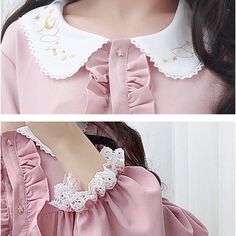 Fabric Material: ChiffonColor: PinkSize Chart: One Size Size Length Bust Sleeve Shoulder One Size 81cm/31.91" 80cm/31.52"-92cm/36.25" 56cm/22.06" 38cm/14.97" Cute Pink Dress With Lace Collar, Feminine Pink Dress With Peter Pan Collar, Cute Pink Blouse With Peter Pan Collar, Cute Pink Blouse With Doll Collar, Embroidery Doll, Lolita Fashion, Kawaii Fashion, Discount Code, Doll Dress