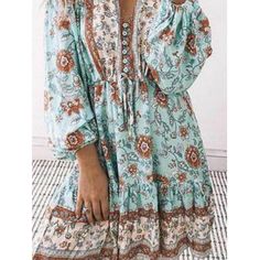 Bohemian Dress Printed Lace-up High-Waisted Skirt Casual Boho Dress With Boho Print, Knee-length, Casual Knee-length Boho Dress With Boho Print, Casual Knee-length Boho Print Dress, Casual Boho Dress With Knee-length Boho Print, Blue Bohemian Knee-length Dress, Blue Boho Beach Dress For Fall, Blue Bohemian Dress For Fall, Casual Blue Boho Dress For Fall, Blue Bohemian Boho Dress For Spring