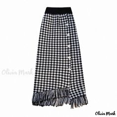 Olivia Mark - Professional Black High-Waisted Knitted Pencil Skirt with Houndstooth Pattern, Tassels, and Figure-Hugging Design Fitted Black Skirt With Houndstooth Pattern, Fitted Black Houndstooth Skirt, Black Fitted Houndstooth Skirt, Elegant Black Skirt With Houndstooth Pattern, Elegant Black Houndstooth Pattern Skirt, Elegant Black Houndstooth Skirt, Black Houndstooth Bottoms For Winter, Black Houndstooth Winter Bottoms, Sleek Black Maxi Dress