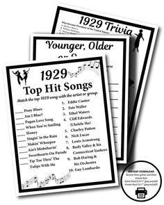 two pamphlets for younger older top hit songs, with the title in black and white