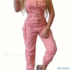 Orcajump - Plus Size Casual Overalls, Women's Plus Solid Buckle Tapered Leg Cargo Jumpsuit With Belt Jumpsuit With Belt, Cargo Jumpsuit, Overalls Women, Plus Size Casual, Tapered Legs, Off The Shoulder, Overalls, Weaving, Jumpsuit