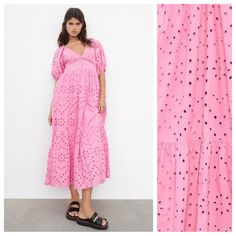 Nwt. Zara Pink Openwork Embroidered Midi V-Neck Dress With Short Balloon Sleeves, Embroidered Eyelet Detail. Interior Lining, Front Button Closure. Size L. Ref. 0881/303. Pit To Pit 18" Flat, Sleeves 15", Waist 19”, Length 50". W Chic V-neck Eyelet Dress, Summer V-neck Eyelet Dress, Spring Eyelet Midi Dress For Brunch, Chic Eyelet V-neck Dress, Spring Brunch Eyelet Midi Dress, Feminine Summer Midi Dress With Eyelet Details, Summer Eyelet Midi Dress, Feminine Summer Eyelet Midi Dress, Spring Eyelet Midi Dress