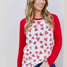 Simple, Yet Stylish, This Raglan Sleeve Top Will Be Your Go-To Top For Every Casual Occasion. The Style Features A Round Neck And Long Sleeves That Can Be Worn Alone Or Layered With Your Favorite Cardigan. Color: Ivory/Red Pattern Type: Heart Style: Girl Next Door Features: Basic Style Neckline: Round Neck Length: Regular Sleeve Length: Long Sleeves Sleeve Type: Baseball Sleeves Material: 95% Polyester, 5% Spandex Stretch: Highly Stretchy Sheer: No Body: Not Lined Care Instructions: Machine Wash Red Tops With Heart Graphic For Spring, Red Heart Graphic Top For Spring, Trendy Red Top With Heart Print, Red Heart Print Casual Top, Red Heart Print Tops For Fall, Casual Red Heart Print Top, Casual Red Top With Heart Print, Cute Red Heart-shaped Top, Red Heart Print Top For Valentine's Day