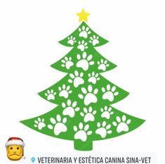 a green christmas tree with paw prints on it and a star in the top right corner