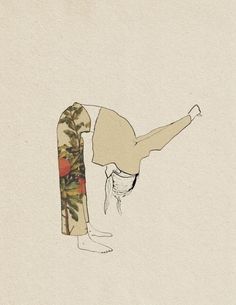 a drawing of a person doing a handstand in front of a flowered background