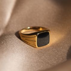 Elegant Adjustable Signet Ring With Polished Finish, Modern Black Rings For Formal Occasions, Modern Yellow Gold Signet Ring With Black Enamel, Luxury Black Enamel Rings As Gift, Formal Yellow Gold Rings With Black Enamel, Timeless Black Enamel Jewelry For Anniversary, Timeless Gold Signet Ring With Black Enamel, Gold Jewelry With Black Enamel For Anniversary, Formal Gold Plated Signet Ring, Tarnish Resistant