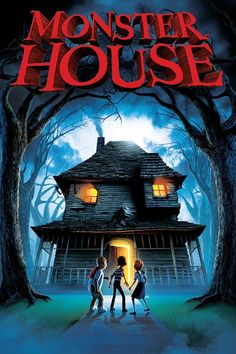 the monster house movie poster with three children standing in front of a creepy looking house