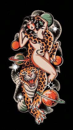 an image of a woman with a leopard on her back and stars in the background