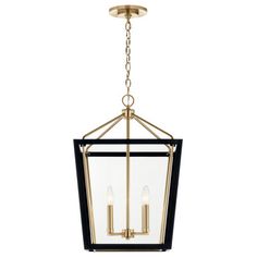 a brass and black hanging light fixture with three lights on each side, one is open to