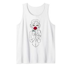 a white tank top with an image of a clown wearing a red nose and holding a flower