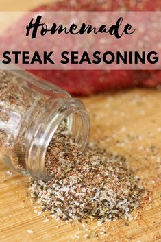 homemade steak seasoning in a jar on a cutting board