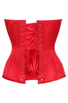 Full bust corset made of premium satin fabric Side zipper closure Flattering deep plunge neckline 6" Modesty Panel 11 Spiral Steel Bones throughout body of corset Flat steel bones at back Ribbon lace-up back for cinching Waist Tape Hand Wash Red Overbust Boned Bodice, Red Corset With Boning, Red Fitted Underbust Corset Belt, Red Satin Overbust Corset, Red Fitted Corset With Built-in Bra, Hosiery Dress