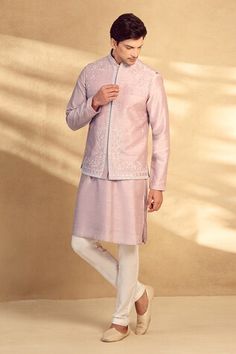 Pink bundi with floral embroidered motifs and mirrorwork. Comes with kurta and pant. - Aza Fashions Wedding Nehru Jacket With Mirror Work, Festive Chanderi Nehru Jacket With Gota Work, Eid Nehru Jacket With Gota Work In Chanderi, Eid Chanderi Nehru Jacket With Gota Work, Festive Nehru Jacket With Floral Embroidery, Festive Nehru Jacket With Gota Work And Traditional Drape, Designer Nehru Jacket With Floral Embroidery For Eid, Designer Floral Embroidered Nehru Jacket For Eid, Designer Floral Embroidery Nehru Jacket For Eid