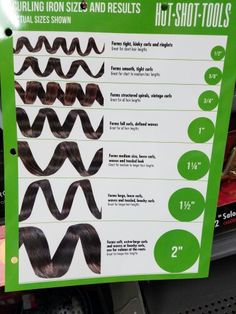 Curling iron curl size guide Curl Types Curling Iron, Different Curling Iron Sizes, Different Type Of Curls With Curling Iron, Curling Iron Size Guide, Curls With 1 1/2 Inch Curling Iron, Curling Iron Size, .75 Inch Curling Iron Curls, Curling Hair, Styling Iron