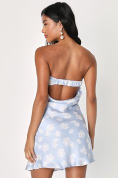 Prepare to make everyone blush with your ultra-charming look in the Lulus Sweet Status Light Blue Floral Satin Strapless Cutout Mini Dress! An adorable floral print adorns sleek satin as it shapes a foldover strapless neckline (with hidden no-slip strips) and a sleeveless, darted bodice. An elasticized strap sits atop a flirty open back cutout while the sweet A-line silhouette falls to a cute mini hem. Hidden side zipper/clasp. Fit: This garment fits true to size. Length: Mid-thigh. Size medium Light Blue Floral Dress, Floral Dresses For Women, Floral Strapless Dress, Cutout Mini Dress, Printed Gowns, Lulu Fashion, Strapless Neckline, Dress Satin, Satin Mini Dress