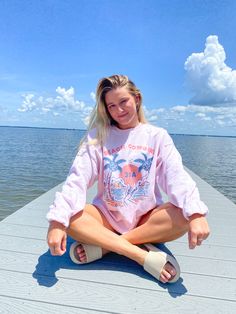 50% cotton, 50% polyester Size up for a more oversized fit! Pink Cotton Sweatshirt For The Beach, Pink Casual Sweatshirt For Summer, Pink Sweatshirt For Summer Vacation, Pink Summer Vacation Sweatshirt, Casual Pink Beach Sweatshirt, Spring Vacation Sweatshirt, Relaxed Fit Cotton Beach Sweatshirt, Summer Cotton Sweatshirt, Casual Pink Sweatshirt For Vacation