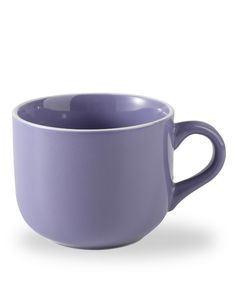 a purple coffee cup sitting on top of a white table