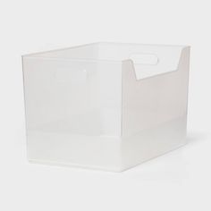 a clear plastic storage box on a white background