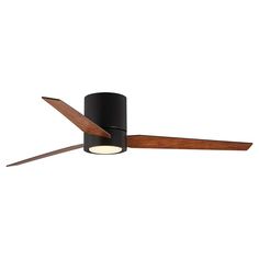 a black ceiling fan with wooden blades and a light on the top, against a white background