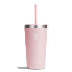 a pink tumbler cup with a straw sticking out of it's side, on a white background