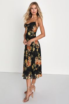 It's impossible not to be impressed by the romantic vibes of the Lulus Petal Prowess Black Floral Print Lace-Up Cowl Midi Dress! Lightweight woven chiffon jacquard, with a lush floral print and a burnout design throughout, shapes this flirtatious dress that has a sultry lace-up back and slender spaghetti straps. Cowl neckline tops a flattering bodice that continues into a column skirt with a midi hem. Hidden zipper/clasp at back. Fit: This garment fits true to size. Length: Mid-calf length. Size Chic Floral Print Slip Dress With Square Neck, Chic Slip Dress With Floral Print And Square Neck, Floral Print Midi Slip Dress For Brunch, Floral Print Midi Slip Dress For Garden Party, Floral Print Sundress Slip Dress In Midi Length, Casual Floral Print Slip Dress For Date Night, Spring Floral Print Slip Dress For Date Night, Floral Print Midi Slip Dress For Date Night, Chic Floral Print Slip Dress For Garden Party