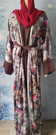 Cardigan Open Abaya Dress Multicolored Size Xxl 60 Inches Long Comes With 2 Hijab Elegant Long Sleeve Brown Abaya, Elegant Long Fall Kaftan, Elegant Floral Print Fall Kimono, Elegant Fall Kimono With Floral Print, Spring Daywear Abaya, Elegant Fall Floral Print Kimono, Elegant Multicolor Long Abaya, Elegant Long Multicolor Abaya, Elegant Long Brown Abaya