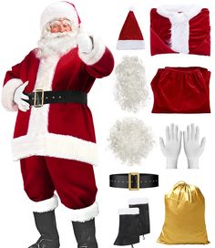 a man dressed up as santa claus and other accessories including gloves, mittens, gloves