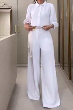 Women's Solid Color Shirt Elegant Wide Leg Pants Two Pieces Suit White Casual Pantsuit With Pockets, Casual White Pantsuit With Pockets, White Long Sleeve Pantsuit For Spring, White Pantsuit For Office With Trousers, White Pantsuit With Pockets For Work, White Wide-leg Pantsuit With Pockets, White Wide Leg Pantsuit With Pockets, White Long Sleeve Pantsuit For Summer, White Long-sleeve Summer Pantsuit