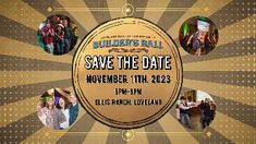 an image of save the date flyer with people in circles and sunbursts