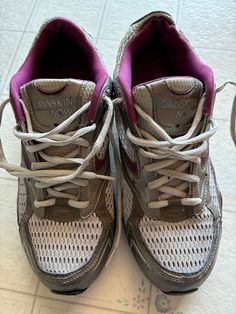 Pre owned women's size 10 Danskin Now gray mesh tie sneakers with dark pink/purplish trim Purple Low-top Mesh Running Shoes, Purple Mesh Sneakers For Jogging, Gray Mesh Sneakers With Ortholite Insole, Purple Mesh Running Shoes With Round Toe, Purple Mesh Running Shoes, Purple Lace-up Sneakers With Ortholite Insole, Casual Purple Sneakers With Ortholite Insole, Tie Sneakers, State College Pa