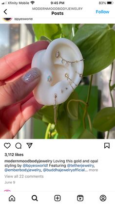 someone is holding an earring that has been placed on top of a plant in their hand