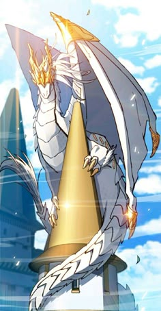 a white dragon standing on top of a tower with a golden bell in its hand