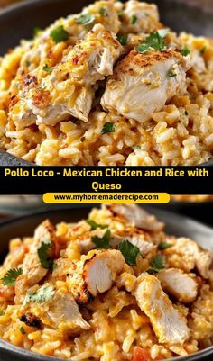 two pictures of mexican rice and chicken with cilantro