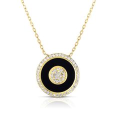 Sphera Milano Enamel And Cubic Zirconia Pendant Necklace. 14-Karat Yellow Gold Plated Sterling Silver With Integrated Round Black Enamel Pendant. Cubic Zirconia Is At The Trim And Surrounding The Center. There Is An Adjustable Length Chain With A Spring Ring Clasp. The Necklace Measures Approximately 16 To 18" Depending On Where You Clasp. This Is Imported From Italy. Formal Round Black Enamel Necklaces, Formal Black Enamel Round Necklaces, Elegant Round Pendant Necklace With Black Enamel, Formal Black Enamel Round Pendant Necklace, Formal Black Enamel Diamond Necklace, Luxury Black Cubic Zirconia Necklaces, Luxury Black Cubic Zirconia Necklace, Gold Diamond Necklace With Black Enamel, Gold Round Necklace With Black Enamel