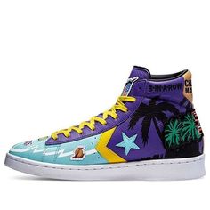 The Chinatown Market x Converse Pro Leather High 'Lakers Championship Jacket' is a limited edition shoe that celebrates the LA Lakers' 2002 NBA championship. The shoes feature bold colors and oversized graphics that replicate the look of the championship leather jackets made by designer Jeff Hamilton for the Lakers. A callout to Hamilton and Chinatown Market appears on the tongue tag, while the latter brand's logo is stamped on the heel tab. These shoes are a must-have for any Lakers fan or streetwear enthusiast. (SNKR) Throwback High-top Sneakers, Retro Mid-top Custom Sneakers For Streetwear, Multicolor Leather Sneakers For Outdoor, Retro High-top Skate Shoes With Abzorb Midsole, Retro Purple Low-top Sneakers, Throwback High-top Sneakers With Boost Midsole, Throwback Mid-top Custom Sneakers For Sports, Casual Multicolor High-top Sneakers For Outdoor, Retro Multicolor Custom Sneakers For Streetwear