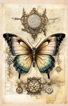 a butterfly sitting on top of a piece of paper with gears and clocks around it