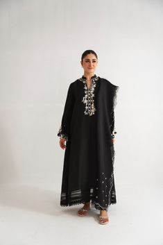 Neerja Long Kameez, Pencil Trousers, Agha Noor, Black Pure, Embroidered Organza, Pure Black, Organza Dupatta, Suit Fabric, Pakistani Outfits