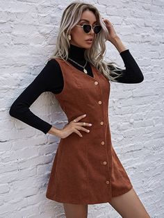 The top was not included.Style: ElegantSeason: Spring/FallFit Type: Regular FitMaterial: Cotton BlendsFabric: Slight Stretch Corduroy Overall, Corduroy Overall Dress, Winter Fit, Fall Fit, Elegant Color, Brown Pattern, Puff Sleeve Dresses, Party Dress Long, Button Dress